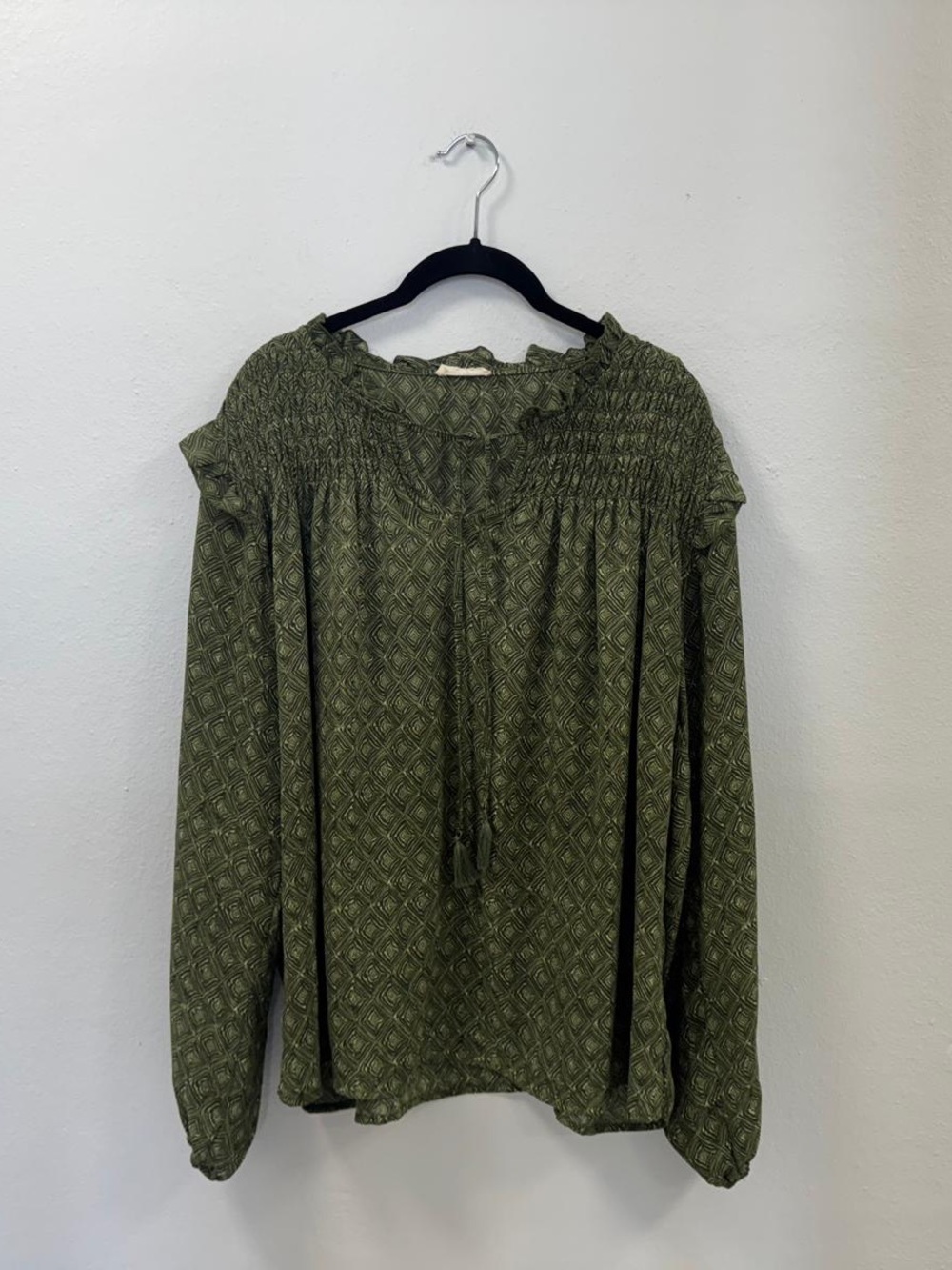 Smocked Neck Olive Green Women's Peasant Top